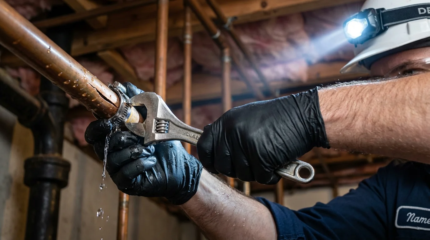 Emergency pipe clamp repair being performed by a Johns Plumbing LLC plumber in Katonah