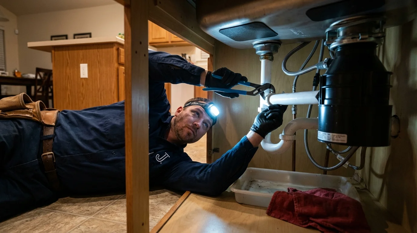 P-trap and supply line connections under a kitchen sink showing a common leak point in Katonah, NY